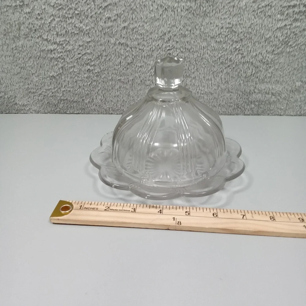 Vintage Clear‎ Pressed Glass Round Butter Dish Scalloped Starburst Dome Lid 7.5